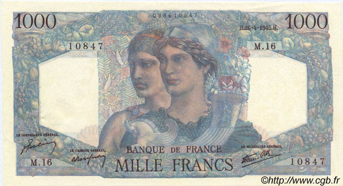 1000 Francs MINERVE ET HERCULE FRANCE  1945 F.41.02 AU-