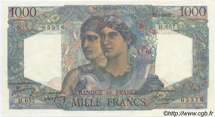 1000 Francs MINERVE ET HERCULE FRANKREICH  1950 F.41.32 VZ+ to fST