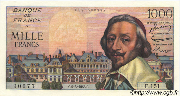 1000 Francs RICHELIEU FRANKREICH  1955 F.42.13 fST+