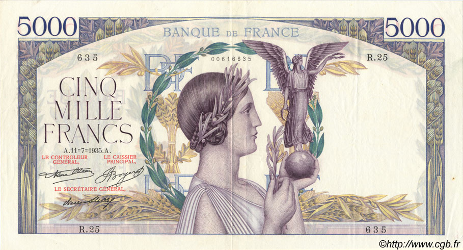 5000 Francs VICTOIRE FRANCE  1935 F.44.03 XF-