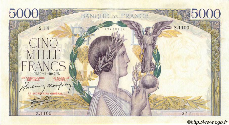 5000 Francs VICTOIRE Impression à plat FRANCIA  1942 F.46.44 EBC+ a SC