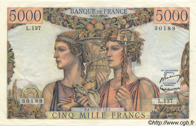 5000 Francs TERRE ET MER FRANKREICH  1953 F.48.09 VZ+