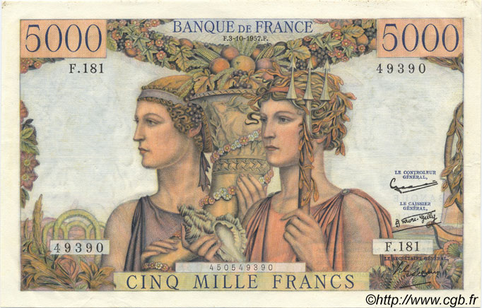 5000 Francs TERRE ET MER FRANKREICH  1957 F.48.17 fST