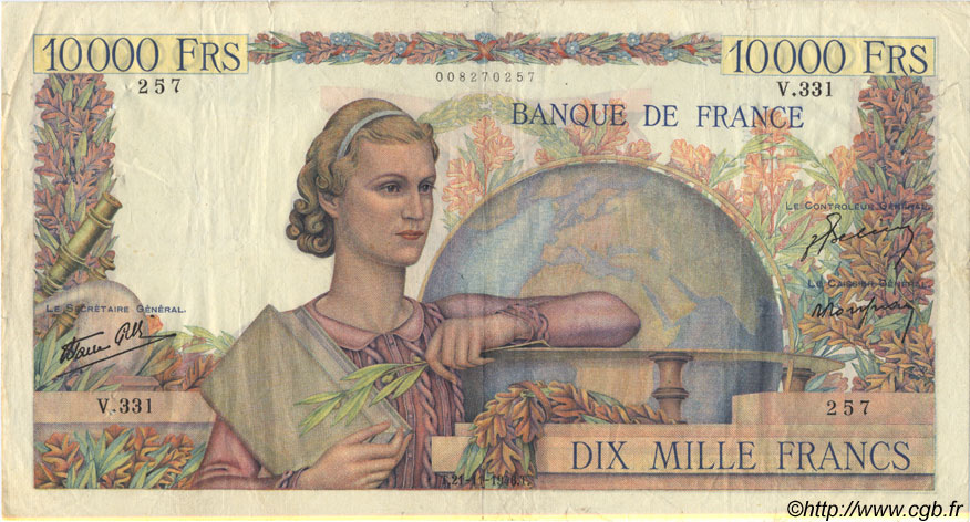 10000 Francs GÉNIE FRANÇAIS FRANKREICH  1946 F.50.14 S