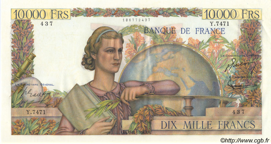 10000 Francs GÉNIE FRANÇAIS FRANCE  1954 F.50.72 AU-