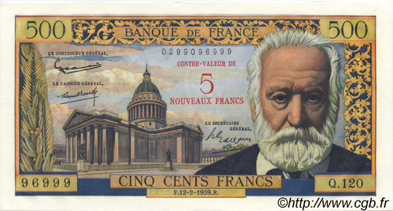5 NF sur 500 Francs Victor HUGO FRANCIA  1959 F.52.02 SC+