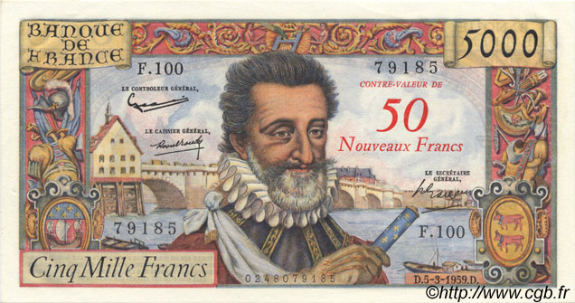 50 NF sur 5000 Francs HENRI IV FRANCE  1959 F.54.02 AU