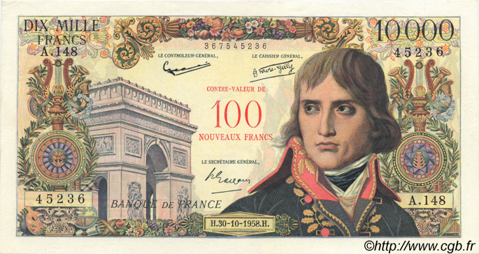 100 NF sur 10000 Francs BONAPARTE FRANCIA  1958 F.55.01 EBC a SC