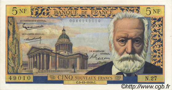 5 Nouveaux Francs VICTOR HUGO FRANKREICH  1959 F.56.04 VZ+
