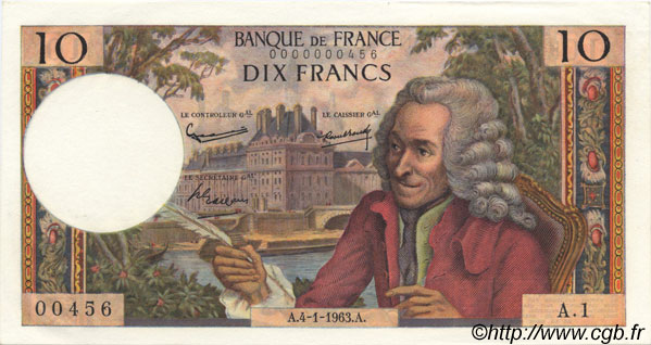 10 Francs VOLTAIRE FRANCIA  1963 F.62.01A1 q.FDC