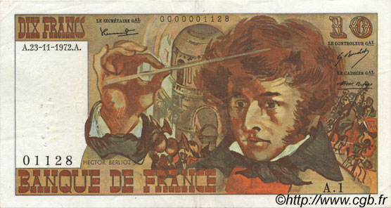 10 Francs BERLIOZ FRANCE  1972 F.63.01 VF+