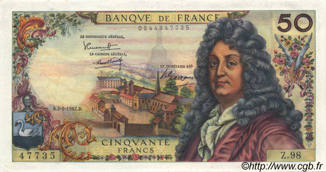 50 Francs RACINE FRANCIA  1967 F.64.09 q.FDC