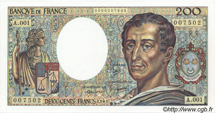 200 Francs MONTESQUIEU Petit numéro FRANCE  1981 F.70.01A1 UNC