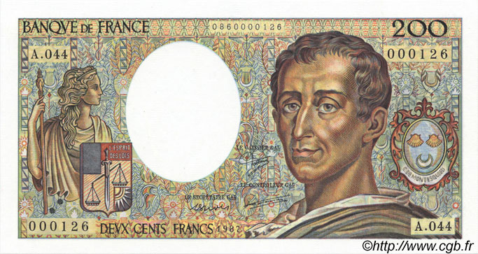 200 Francs MONTESQUIEU FRANCE  1987 F.70.07 UNC