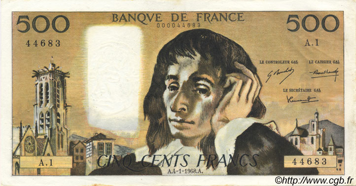 500 Francs PASCAL FRANKREICH  1968 F.71.01 VZ+