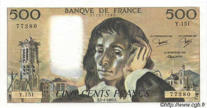 500 Francs PASCAL FRANKREICH  1982 F.71.26 ST