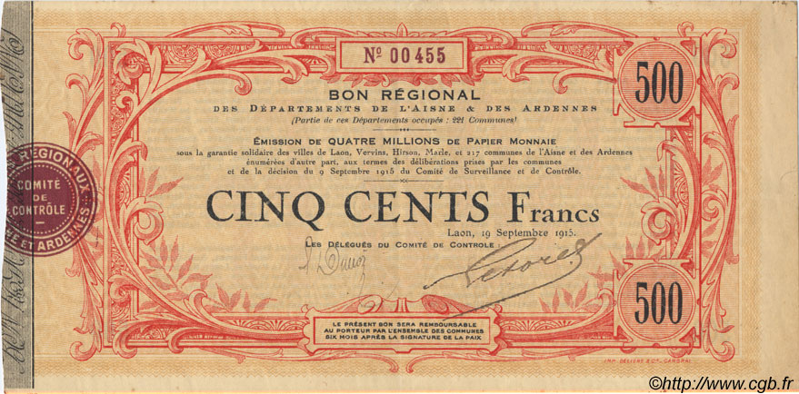 500 Francs FRANCE Regionalismus und verschiedenen  1915 -- VZ+