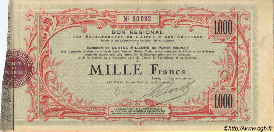 1000 Francs FRANCE regionalism and miscellaneous  1915 -- XF