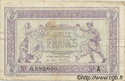 2 Francs TRÉSORERIE AUX ARMÉES FRANCE  1917 VF.05.01 pr.TTB