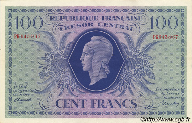 100 Francs MARIANNE FRANCE  1943 VF.06.01c AU-