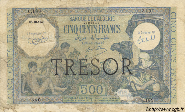 500 Francs ALGÉRIE SURCHARGÉ FRANKREICH  1943 VF.09.01 fS