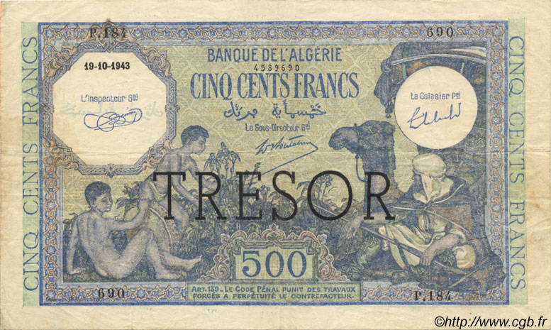 500 Francs ALGÉRIE SURCHARGÉ FRANCIA  1943 VF.09.01 BB