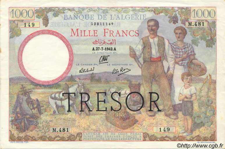 1000 Francs ALGÉRIE SURCHARGÉ FRANCE  1942 VF.10.01 XF - AU