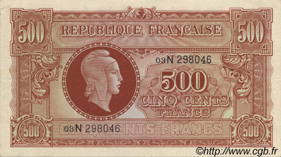 500 Francs MARIANNE FRANKREICH  1945 VF.11.03 VZ+