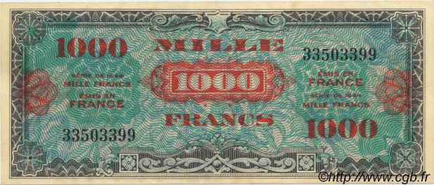 1000 Francs DRAPEAU FRANKREICH  1944 VF.22.01 VZ+