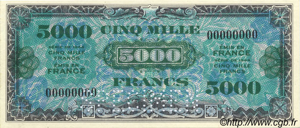 5000 Francs DRAPEAU FRANKREICH  1944 VF.23.00Sp fST+