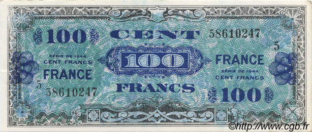 100 Francs FRANCE FRANKREICH  1944 VF.25.05 fST
