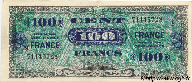 100 Francs FRANCE FRANKREICH  1944 VF.25.09 VZ