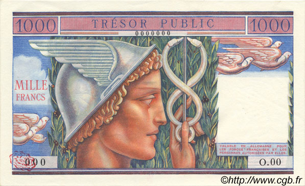 1000 Francs TRÉSOR PUBLIC FRANCE  1955 VF.35.00S UNC-