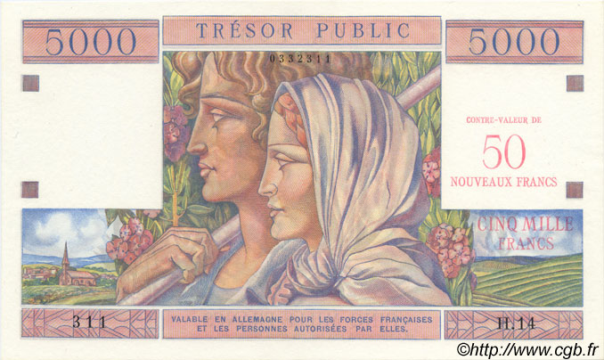 50 NF sur 5000 Francs TRÉSOR PUBLIC FRANCIA  1960 VF.39.01 AU+