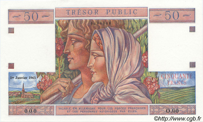 50 Francs TRÉSOR PUBLIC FRANCIA  1963 VF.40.00Ed FDC