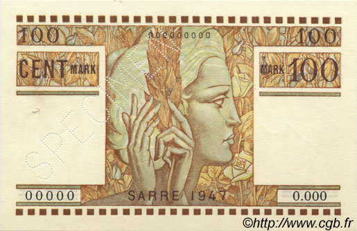 100 Mark SARRE FRANCE  1947 VF.49.00Sp AU