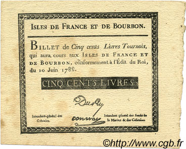 500 Livres ISLES OF FRANCE AND BOURBON  1788 P.12x XF