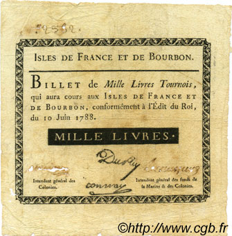 1000 Livres ISLES OF FRANCE AND BOURBON  1788 P.13 VF-