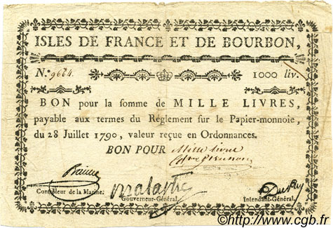 1000 Livres ISOLE DE FRANCIA E BORBONE  1790 P.22a q.BB