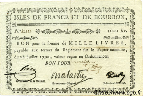 1000 Livres ISLES OF FRANCE AND BOURBON  1790 P.23 VF+