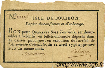 40 Sols Tournois ISLES OF FRANCE AND BOURBON  1793 P.-- VF