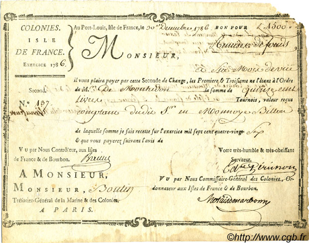 1500 Livres ISLES OF FRANCE AND BOURBON  1786 K.586 F+