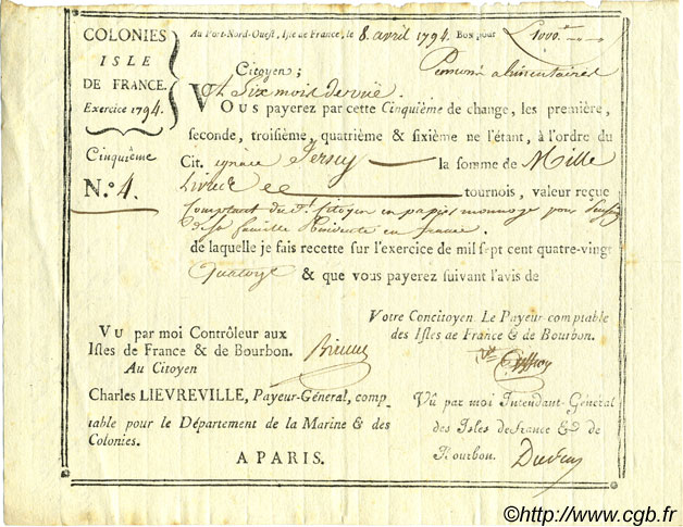 1000 Livres FRANCE UND BOURBON-INSELN  1794 K.591var SS