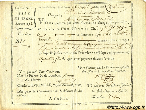 400 Livres ISOLE DE FRANCIA E BORBONE  1794 K.591var BB