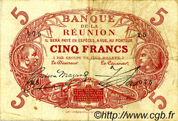 5 Francs Cabasson rouge REUNION INSEL  1916 P.14 SS