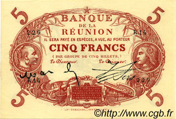 5 Francs Cabasson rouge ISOLA RIUNIONE  1916 P.14 SPL+