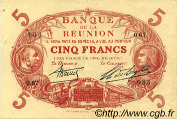 5 Francs Cabasson rouge REUNION INSEL  1926 P.14 VZ+