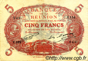 5 Francs Cabasson rouge REUNION ISLAND  1930 P.14 XF