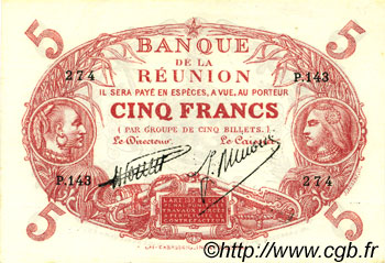 5 Francs Cabasson rouge REUNION INSEL  1938 P.14 fST+
