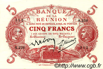 5 Francs Cabasson rouge REUNION ISLAND  1944 P.14 UNC-